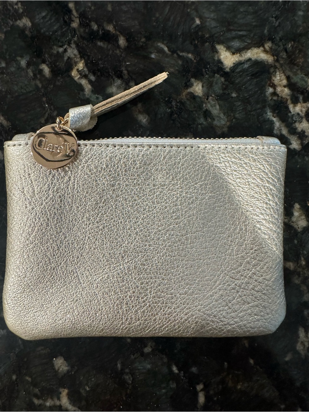 Clare V Silver Pebbled Leather Zip Pouch